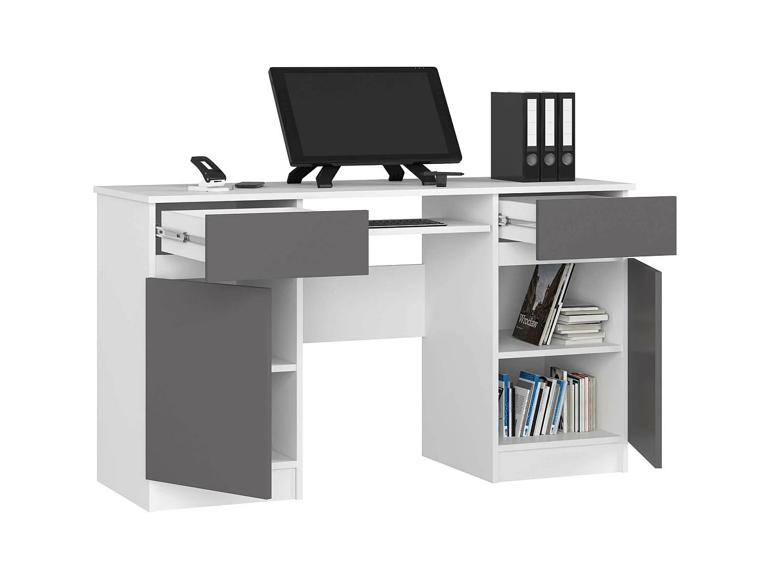 Bureau d'ordinateur AKORD A5 Blanc 135 cm 2 portes 2 tiroirs façade Gris Graphite 5 étagères 135x50x77 cm