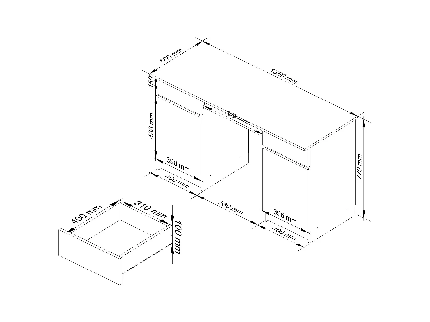 Bureau d'ordinateur AKORD A5 Blanc 135 cm 2 portes 2 tiroirs façade Gris Graphite 5 étagères 135x50x77 cm