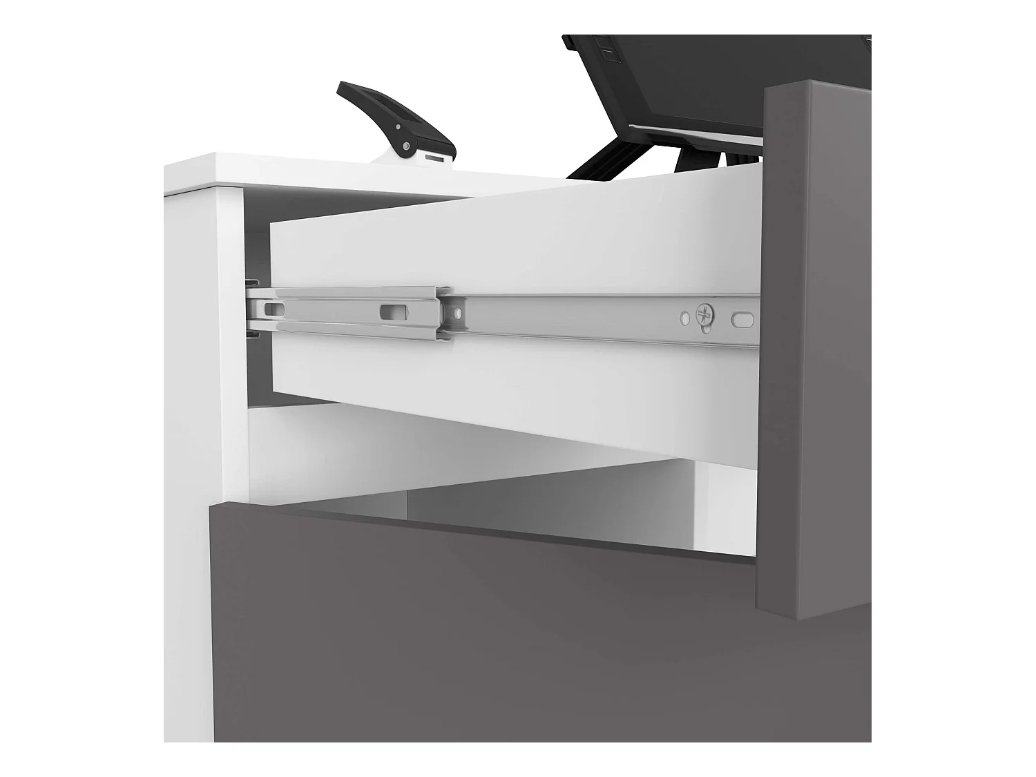 Bureau d'ordinateur AKORD A5 Blanc 135 cm 2 portes 2 tiroirs façade Gris Graphite 5 étagères 135x50x77 cm