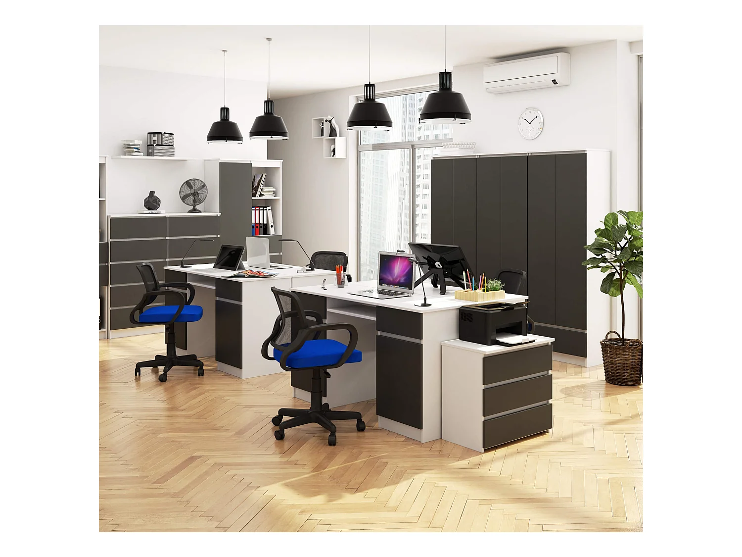 Bureau d'ordinateur AKORD A5 Blanc 135 cm 2 portes 2 tiroirs façade Gris Graphite 5 étagères 135x50x77 cm
