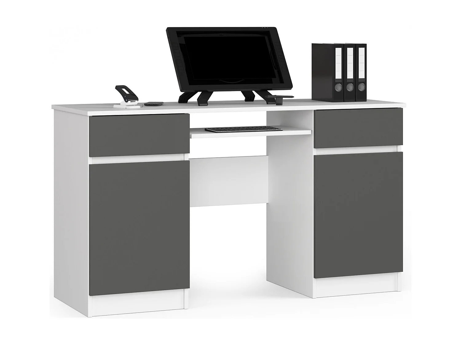 Bureau d'ordinateur AKORD A5 Blanc 135 cm 2 portes 2 tiroirs façade Gris Graphite 5 étagères 135x50x77 cm
