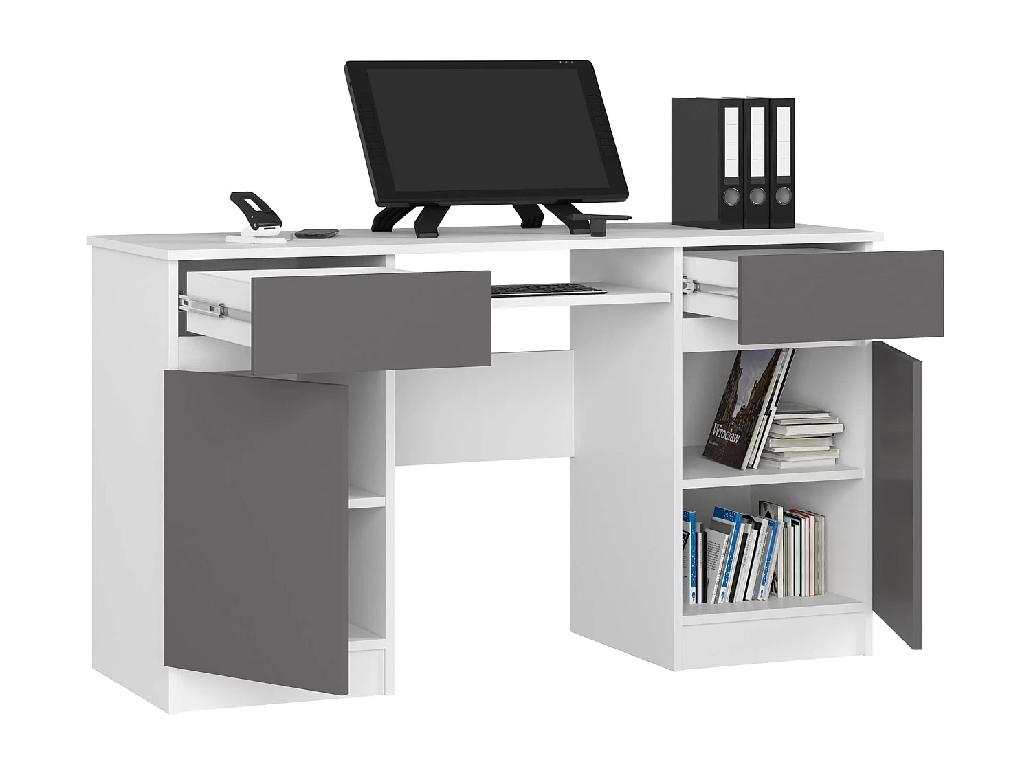 Bureau d'ordinateur AKORD A5 Blanc 135 cm 2 portes 2 tiroirs façade Gris Graphite 5 étagères 135x50x77 cm