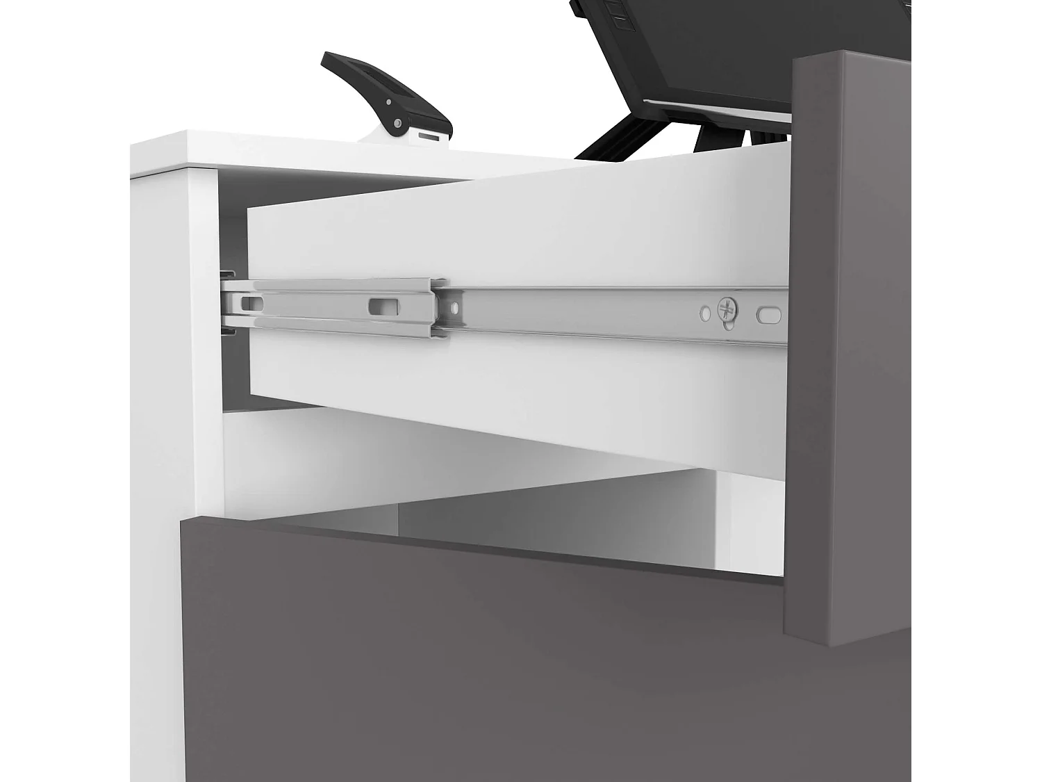 Bureau d'ordinateur AKORD A5 Blanc 135 cm 2 portes 2 tiroirs façade Gris Graphite 5 étagères 135x50x77 cm