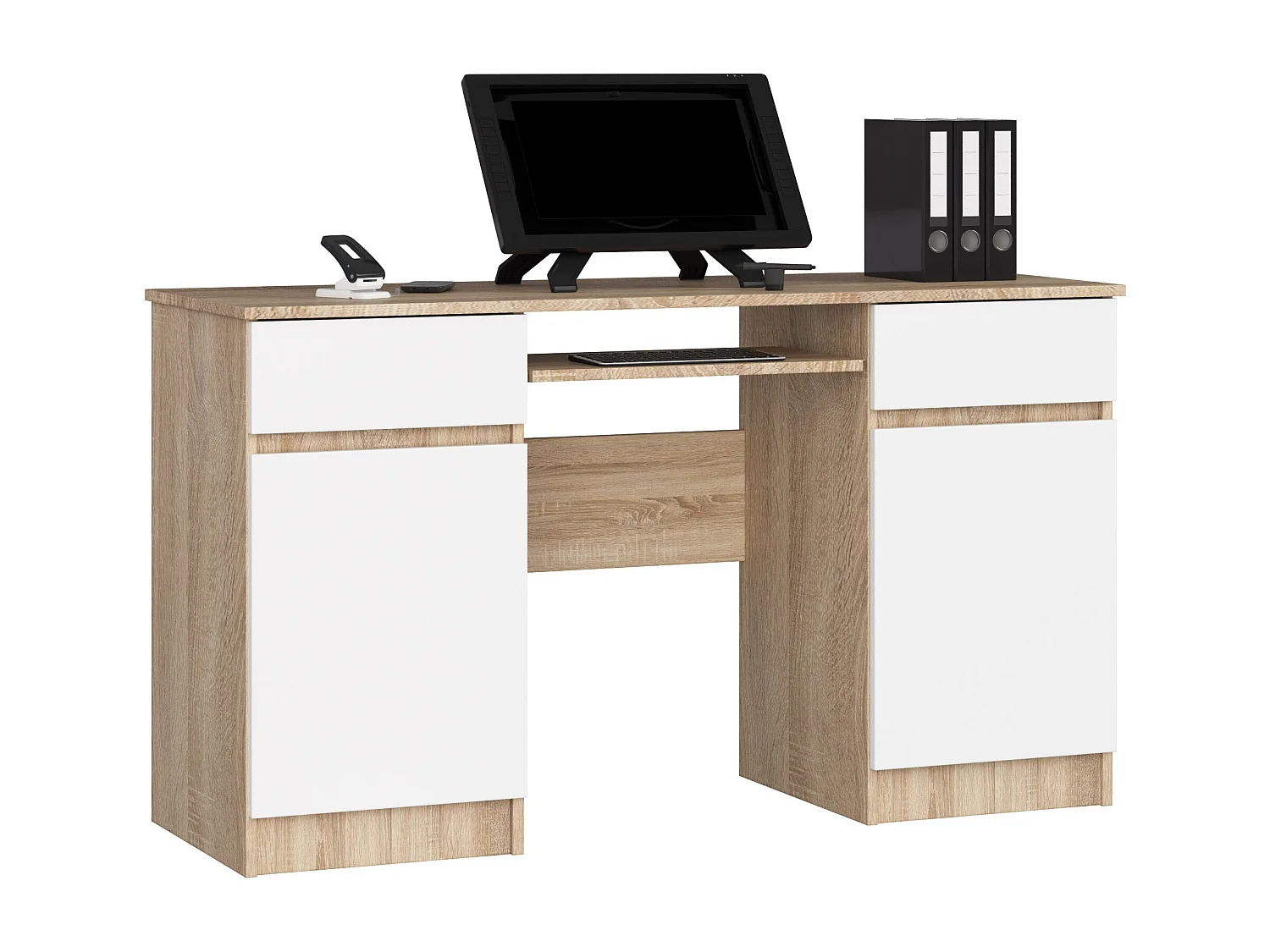 Bureau d'ordinateur AKORD A5 Chêne Sonoma 135 cm 2 portes 2 tiroirs façade Blanche 5 étagères 135x50x77 cm