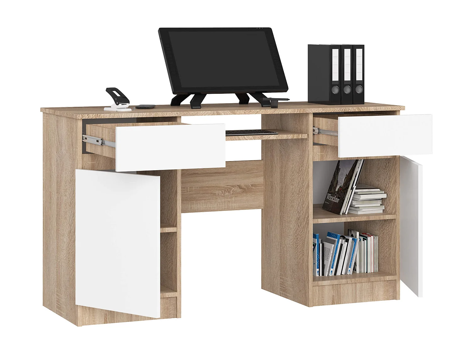 Bureau d'ordinateur AKORD A5 Chêne Sonoma 135 cm 2 portes 2 tiroirs façade Blanche 5 étagères 135x50x77 cm