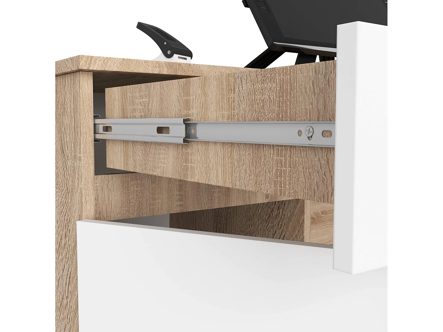 Bureau d'ordinateur AKORD A5 Chêne Sonoma 135 cm 2 portes 2 tiroirs façade Blanche 5 étagères 135x50x77 cm