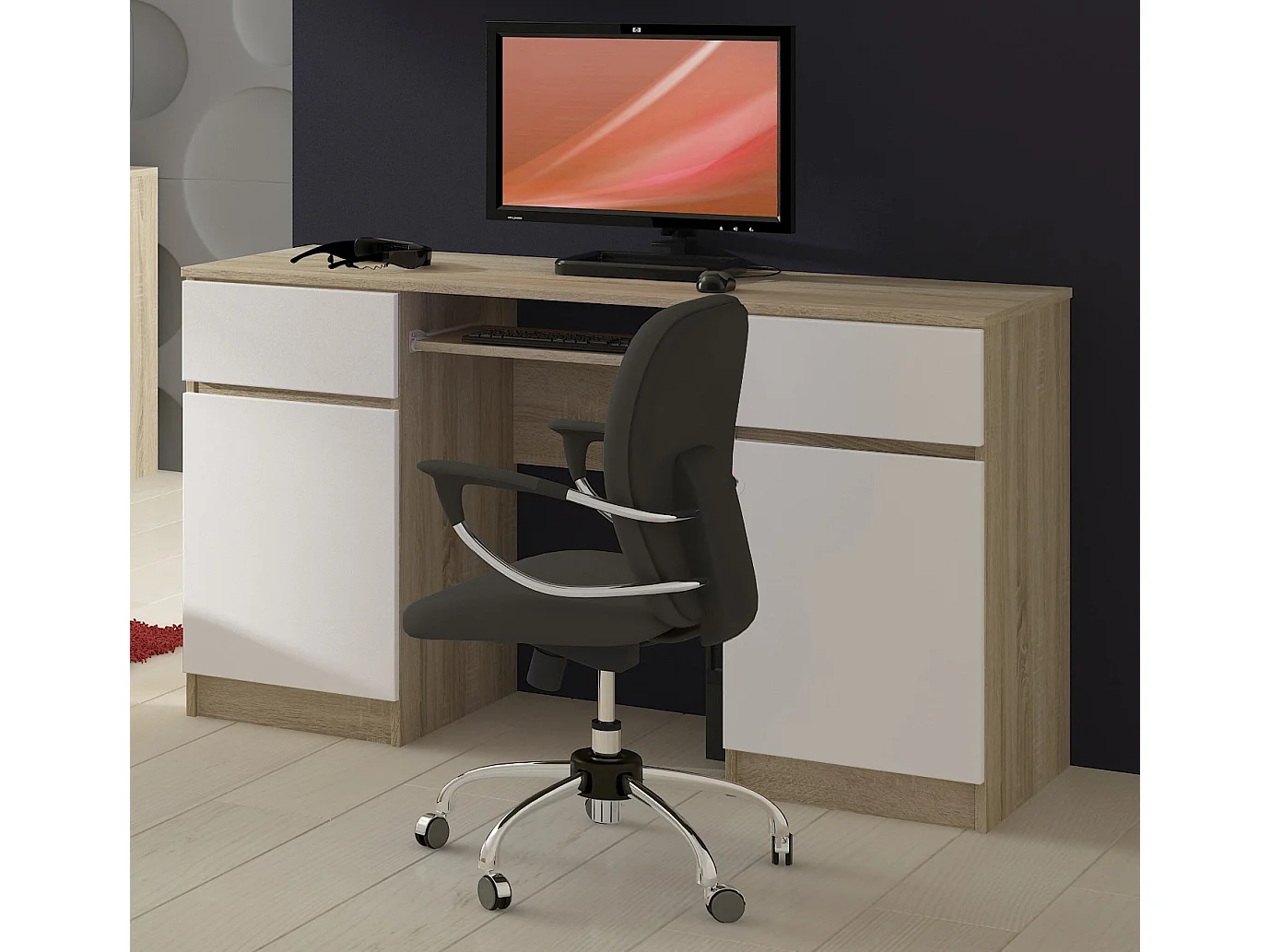 Bureau d'ordinateur AKORD A5 Chêne Sonoma 135 cm 2 portes 2 tiroirs façade Blanche 5 étagères 135x50x77 cm