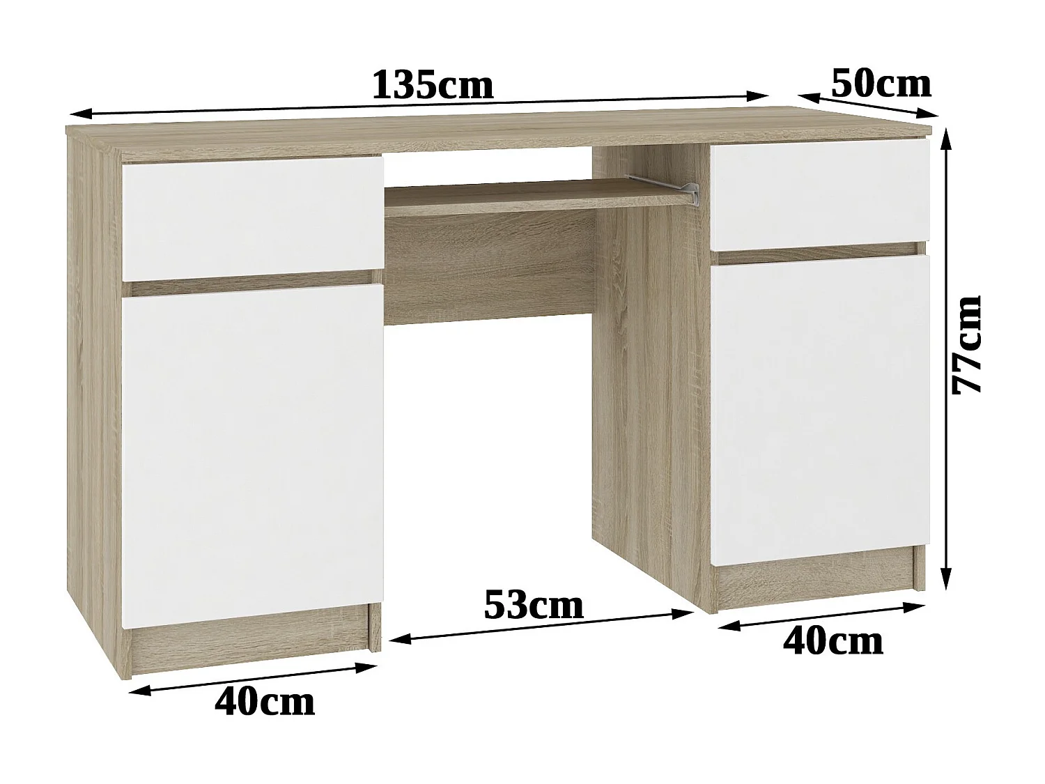 Bureau d'ordinateur AKORD A5 Chêne Sonoma 135 cm 2 portes 2 tiroirs façade Blanche 5 étagères 135x50x77 cm