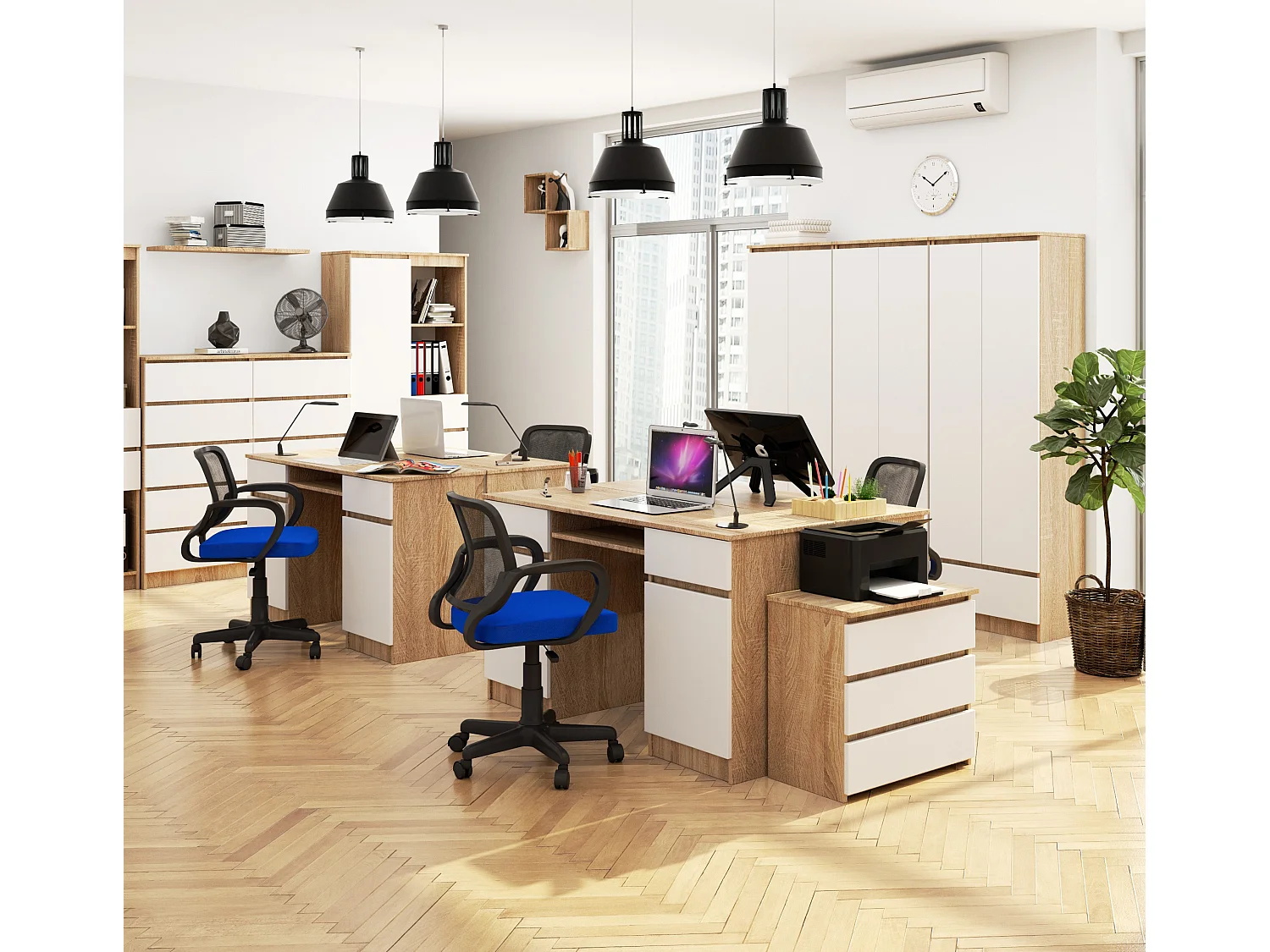 Bureau d'ordinateur AKORD A5 Chêne Sonoma 135 cm 2 portes 2 tiroirs façade Blanche 5 étagères 135x50x77 cm