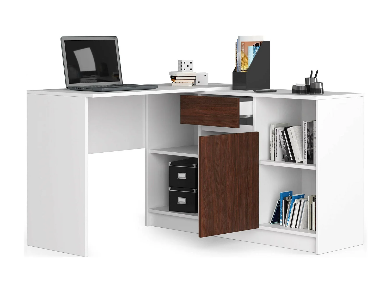 Ensemble d'angle AKORD bureau B17 avec commode Blanc 120 cm 1 porte 1 tiroir façade Wengé 6 étagères 120x126x79 cm