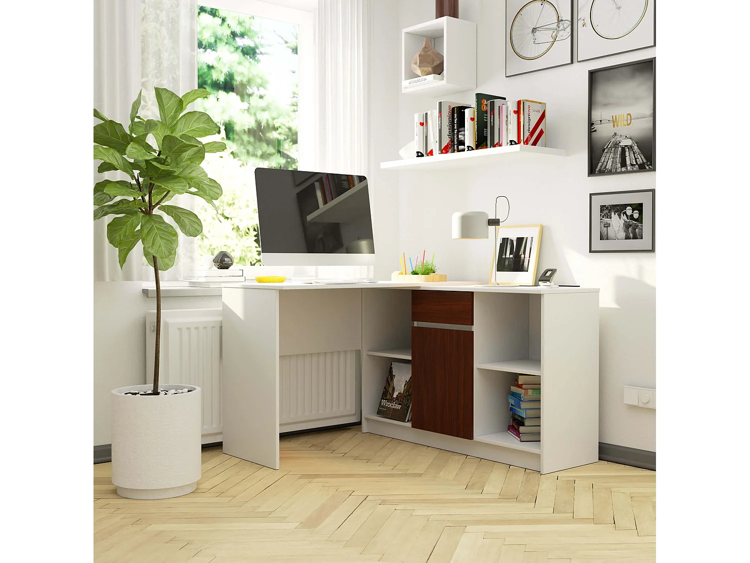 Ensemble d'angle AKORD bureau B17 avec commode Blanc 120 cm 1 porte 1 tiroir façade Wengé 6 étagères 120x126x79 cm
