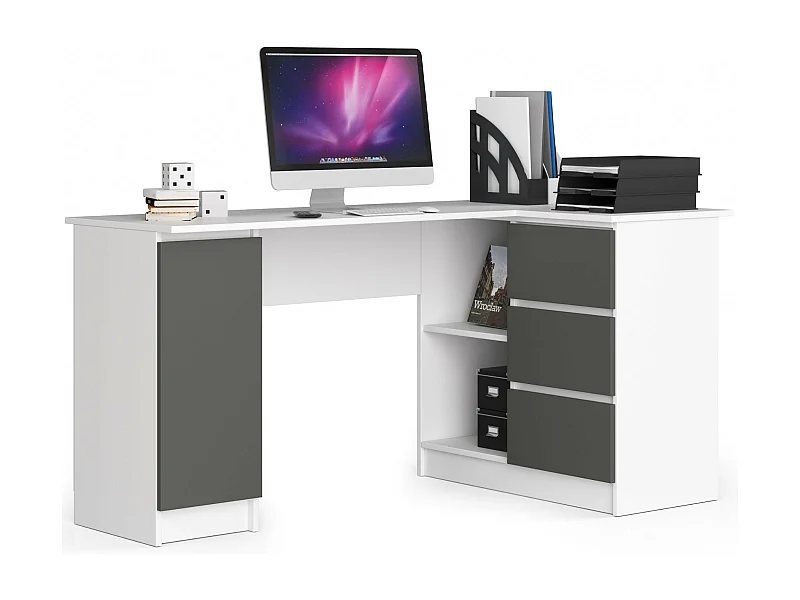 Eck-Schreibtisch AKORD B20 rechts in der Farbe Weiß mit 3 Schubladen Front Graphitgrau und 4 Ablagen B155 x H77 x T85 cm
