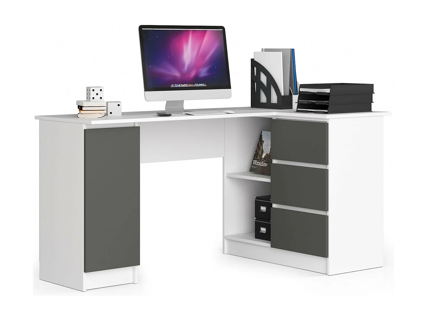 Eck-Schreibtisch AKORD B20 rechts in der Farbe Weiß mit 3 Schubladen Front Graphitgrau und 4 Ablagen B155 x H77 x T85 cm