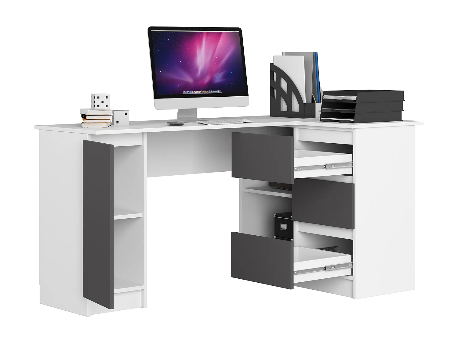 Eck-Schreibtisch AKORD B20 rechts in der Farbe Weiß mit 3 Schubladen Front Graphitgrau und 4 Ablagen B155 x H77 x T85 cm