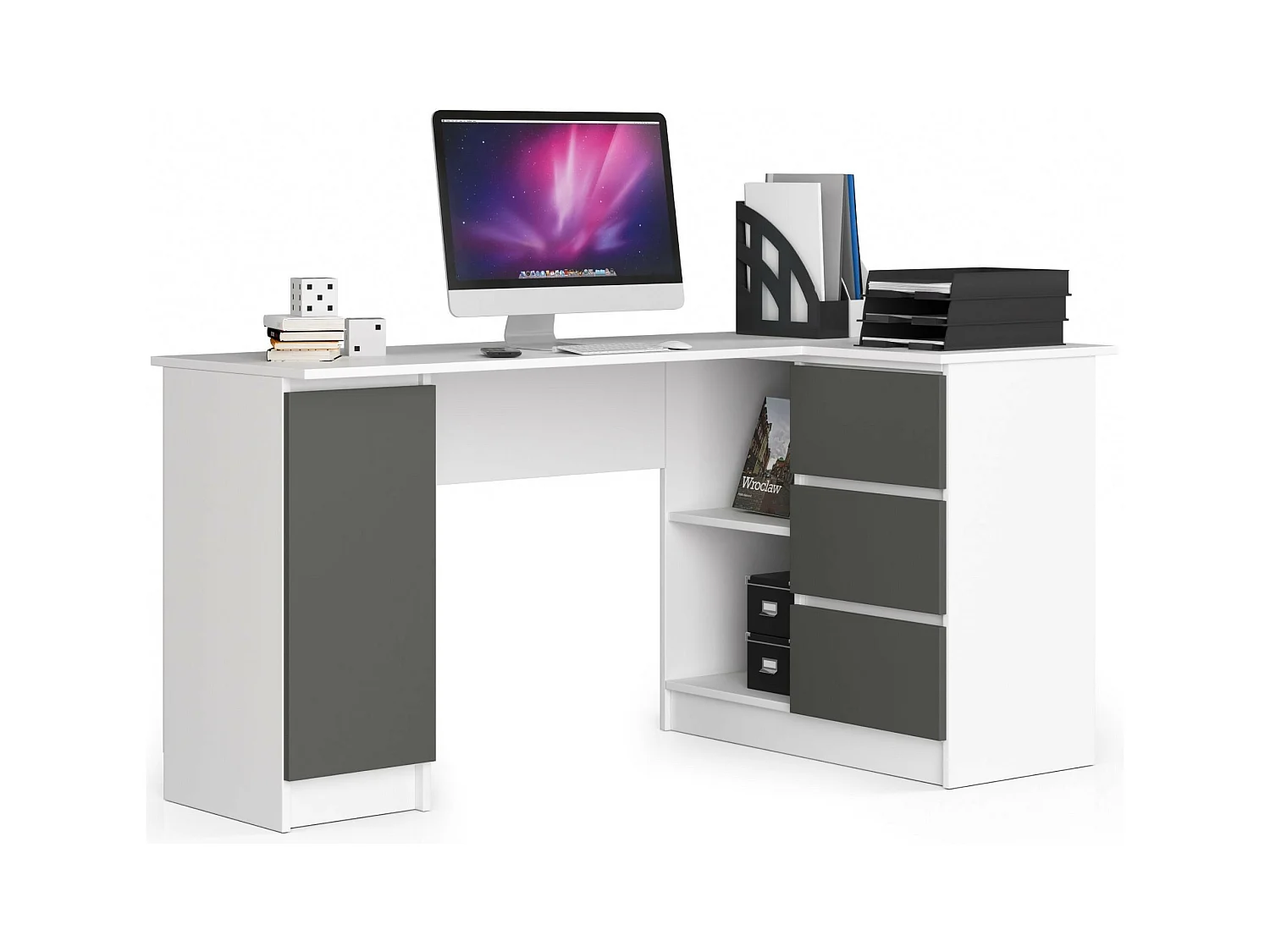 Grand bureau d'angle AKORD droit B20 Blanc 155 cm 1 porte 3 tiroirs façade Gris Graphite 4 étagères 155x85x77 cm