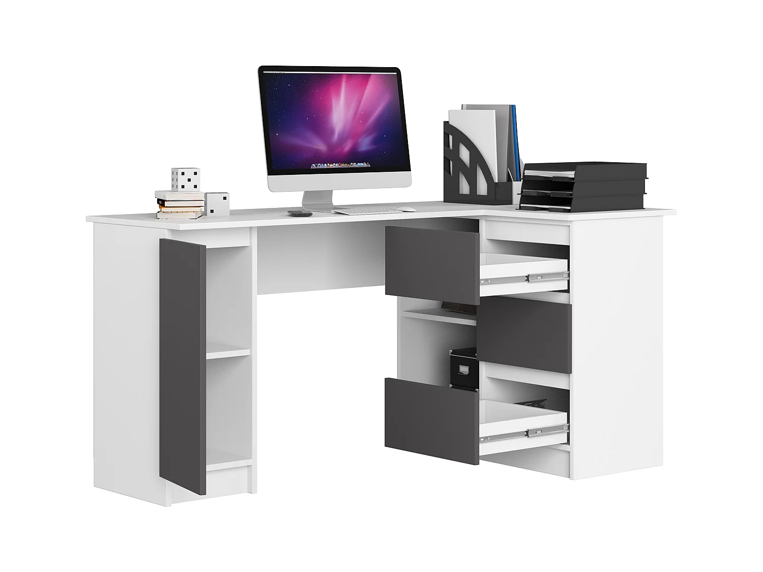 Grand bureau d'angle AKORD droit B20 Blanc 155 cm 1 porte 3 tiroirs façade Gris Graphite 4 étagères 155x85x77 cm