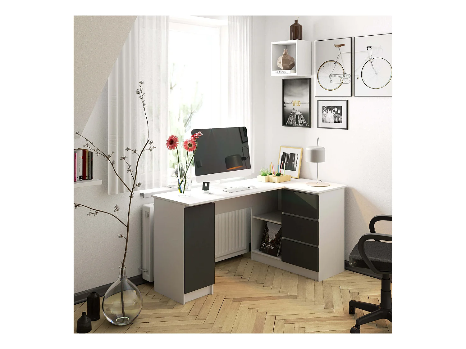 Grand bureau d'angle AKORD droit B20 Blanc 155 cm 1 porte 3 tiroirs façade Gris Graphite 4 étagères 155x85x77 cm