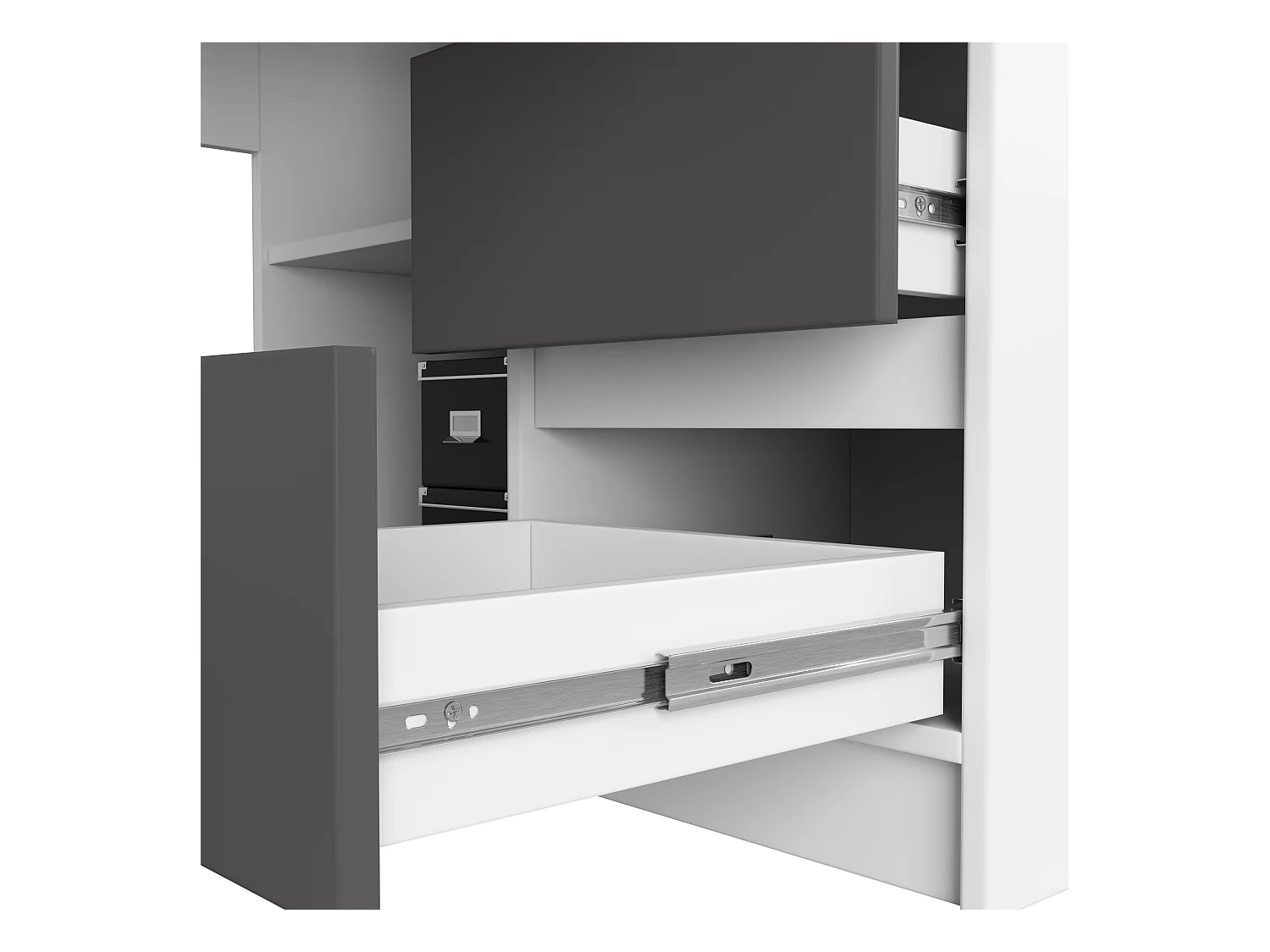 Grand bureau d'angle AKORD droit B20 Blanc 155 cm 1 porte 3 tiroirs façade Gris Graphite 4 étagères 155x85x77 cm