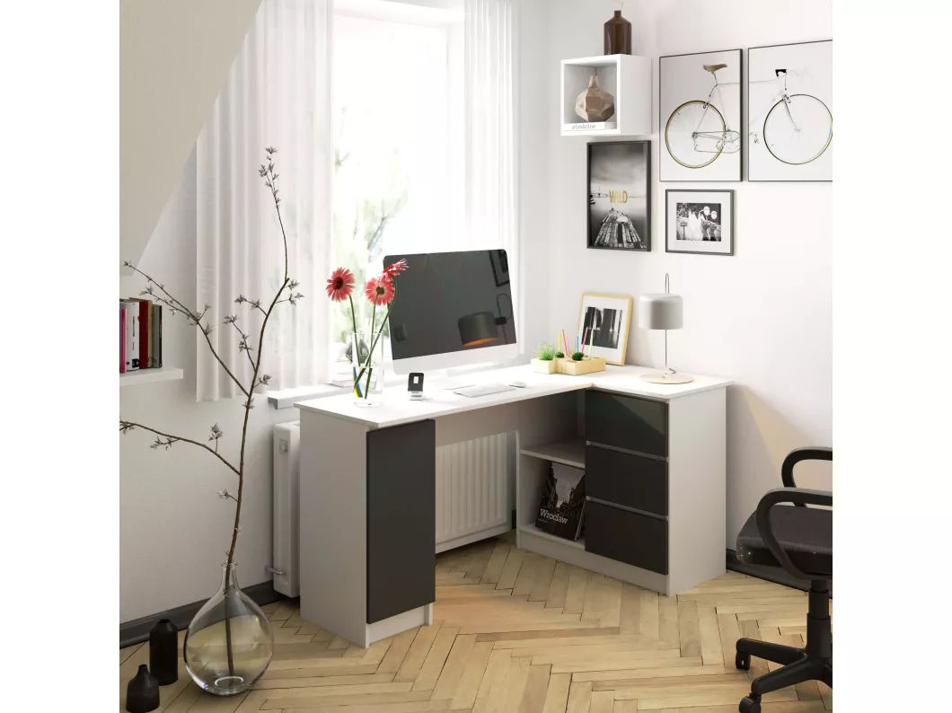 Kauf Unique Eck-Schreibtisch AKORD B20 rechts in der Farbe Weiß mit 3 Schubladen Front Graphitgrau und 4 Ablagen B155 x H77 x T85 cm