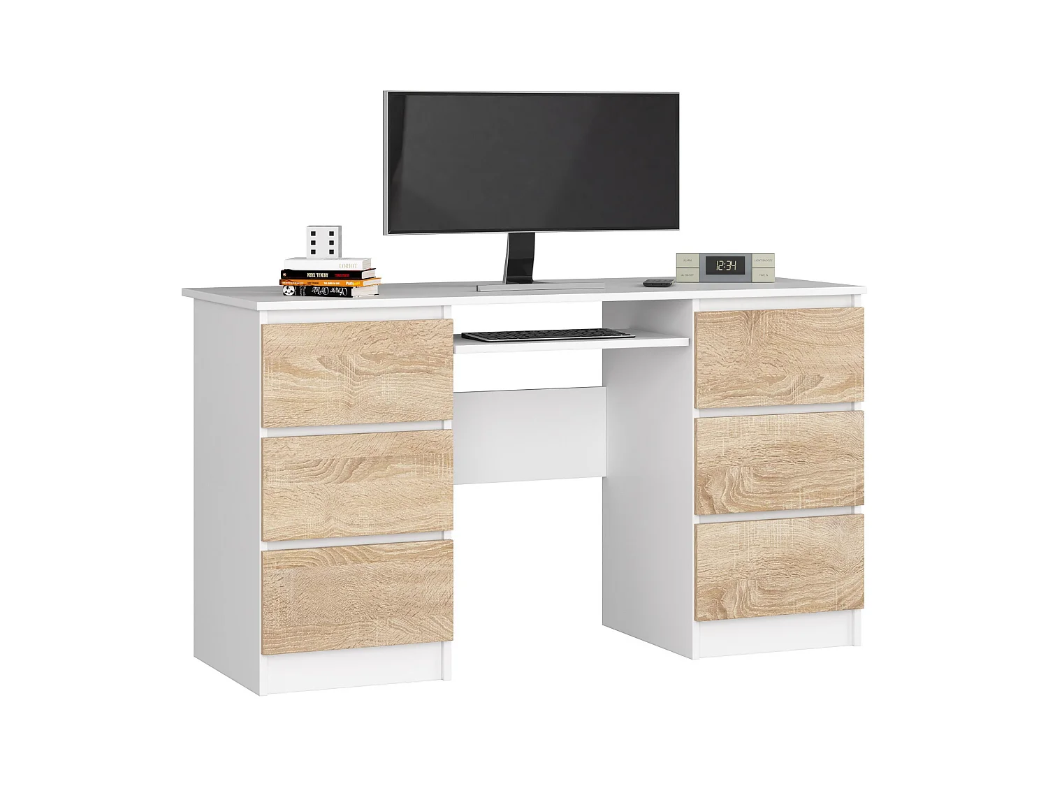Bureau d'ordinateur AKORD A11 Blanc 135 cm 6 tiroirs façade Chêne Sonoma 135x50x77 cm