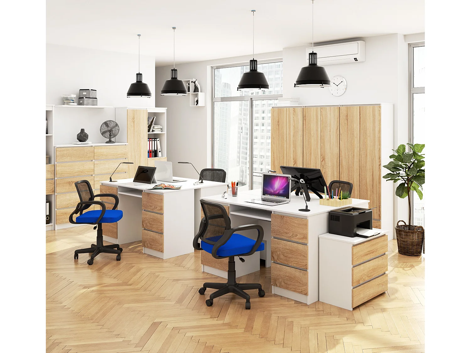 Computertafel A-11 135 cm 6 Lades Wit / Eik Sonoma met Uittrekbaar Toetsenbordplateau