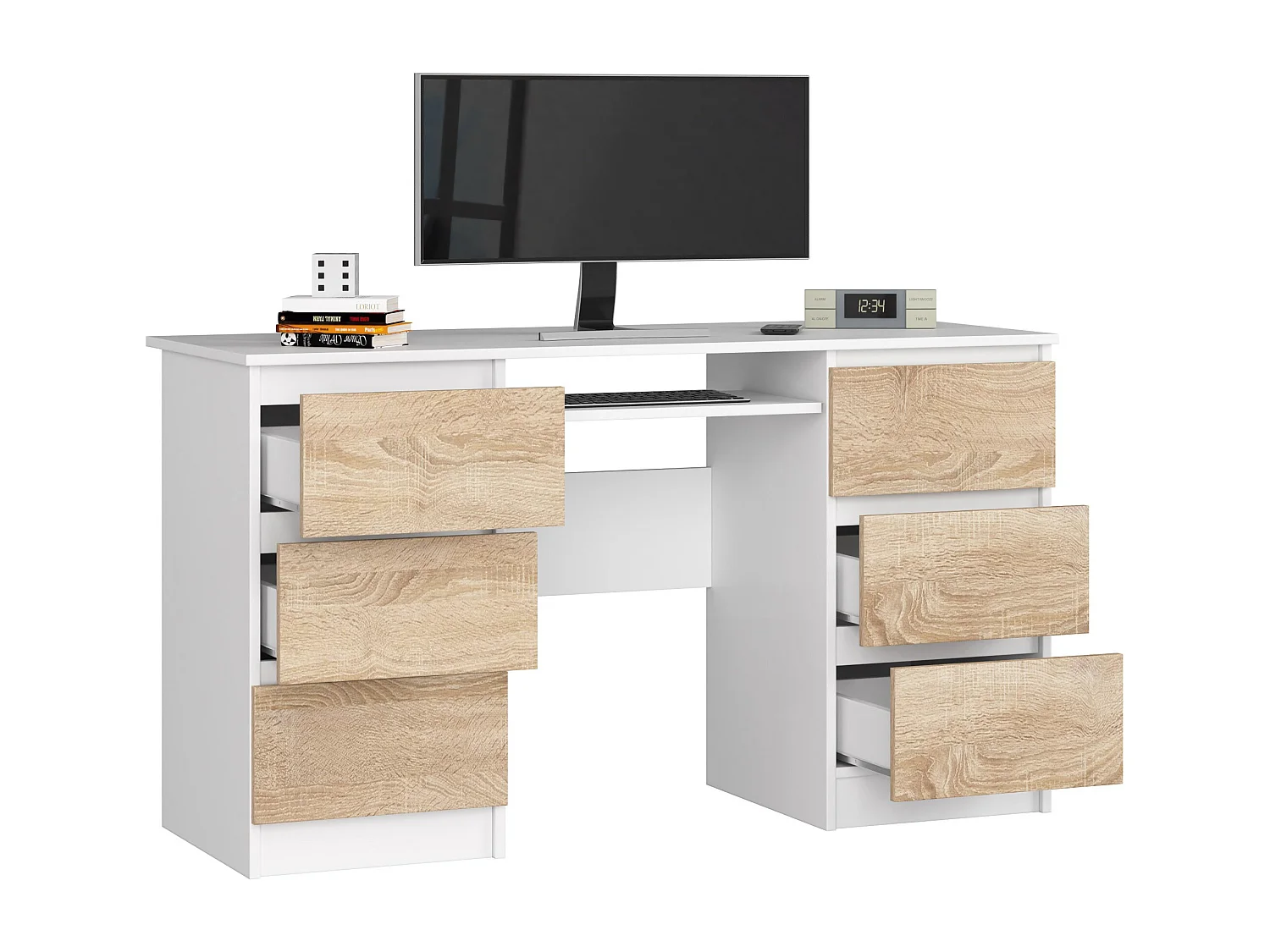 Scrivania per computer AKORD A11 Bianco 135 cm 6 cassetti inserto frontale Sonoma Quercia 135x50x77 cm