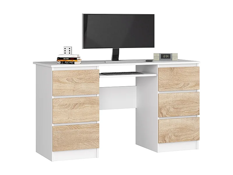 Bureau d'ordinateur AKORD A11 Blanc 135 cm 6 tiroirs façade Chêne Sonoma 135x50x77 cm