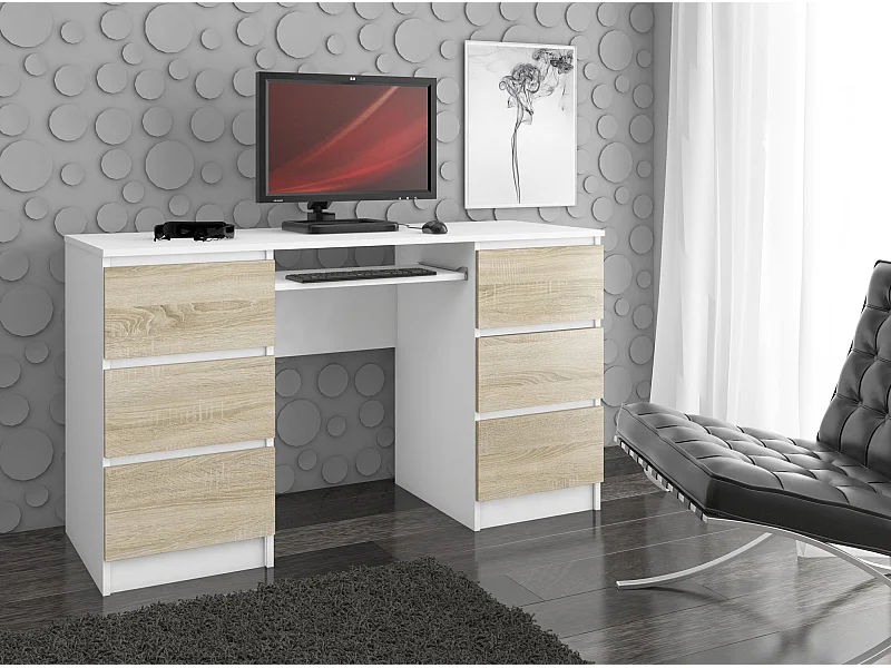 Scrivania per computer AKORD A11 Bianco 135 cm 6 cassetti inserto frontale Sonoma Quercia 135x50x77 cm