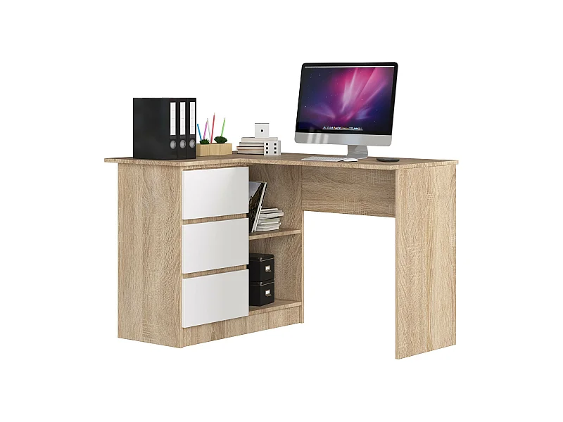 Eck-Schreibtisch AKORD B16 links in der Farbe Sonoma-Eiche mit 3 Schubladen Front Weiß und 2 Ablagen B124 x H77 x T85 cm