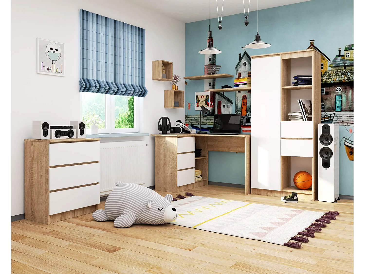 Scrivania angolare AKORD B16 Sonoma Quercia 124 cm 3 cassetti inserto frontale Bianco 124x85x77 cm Modello a sinistra