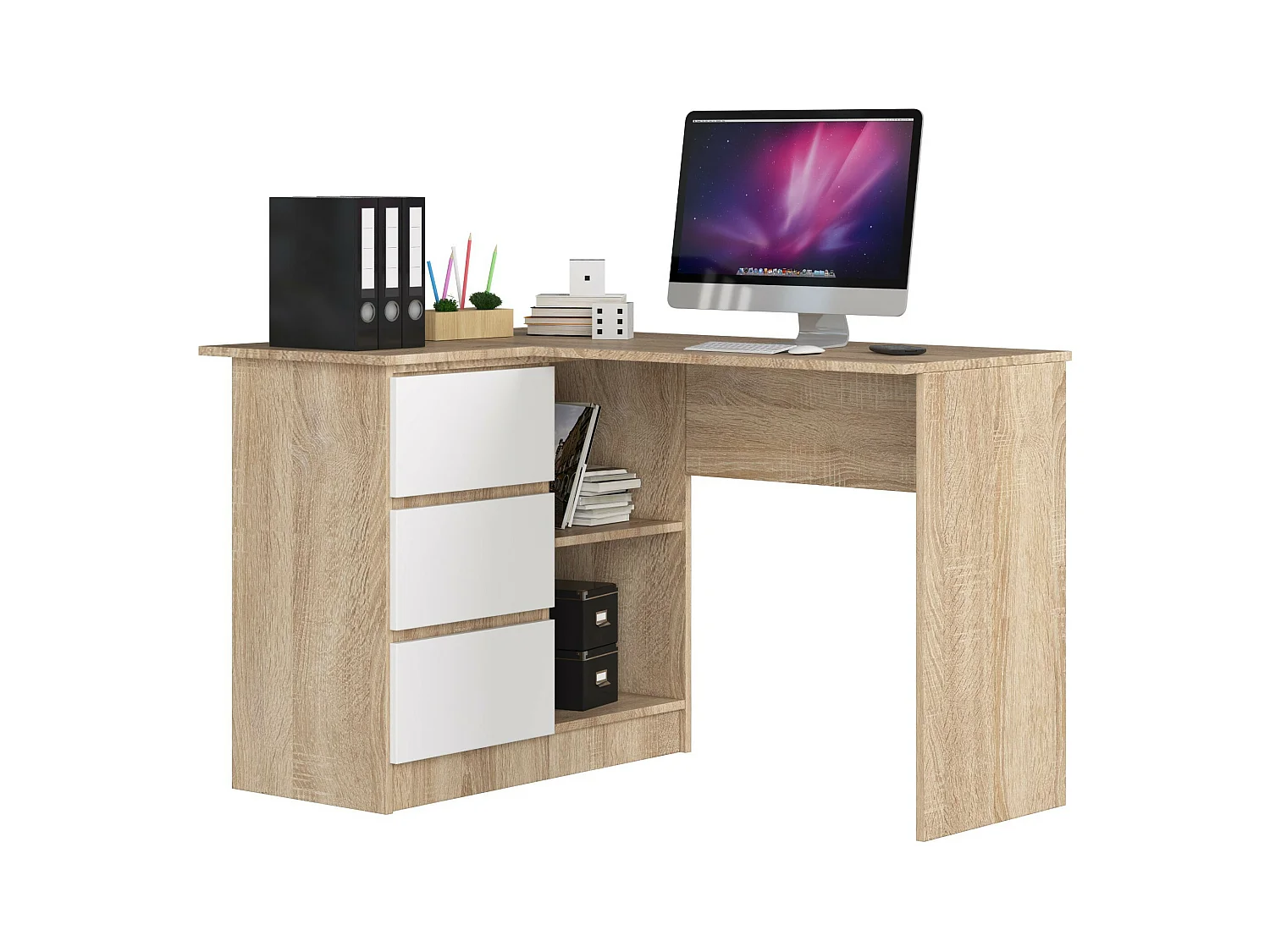 Bureau AKORD d'angle gauche B16 Chêne Sonoma 124 cm 3 tiroirs façade Blanche 2 étagères 124x85x77 cm