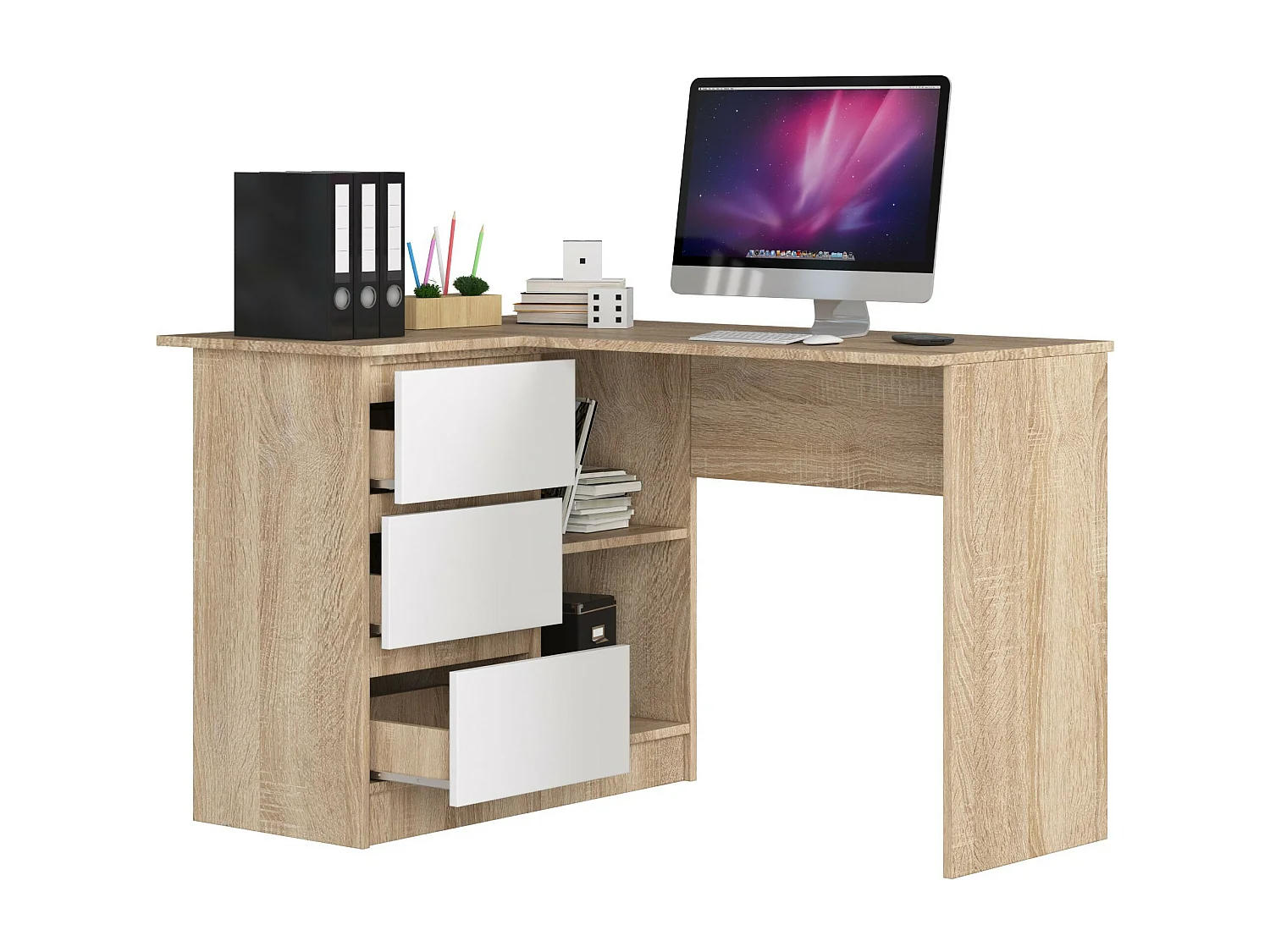 Hoekbureau B16 Links 124cm, 3 Laden, Eiken Sonoma/Wit, Matte Afwerking