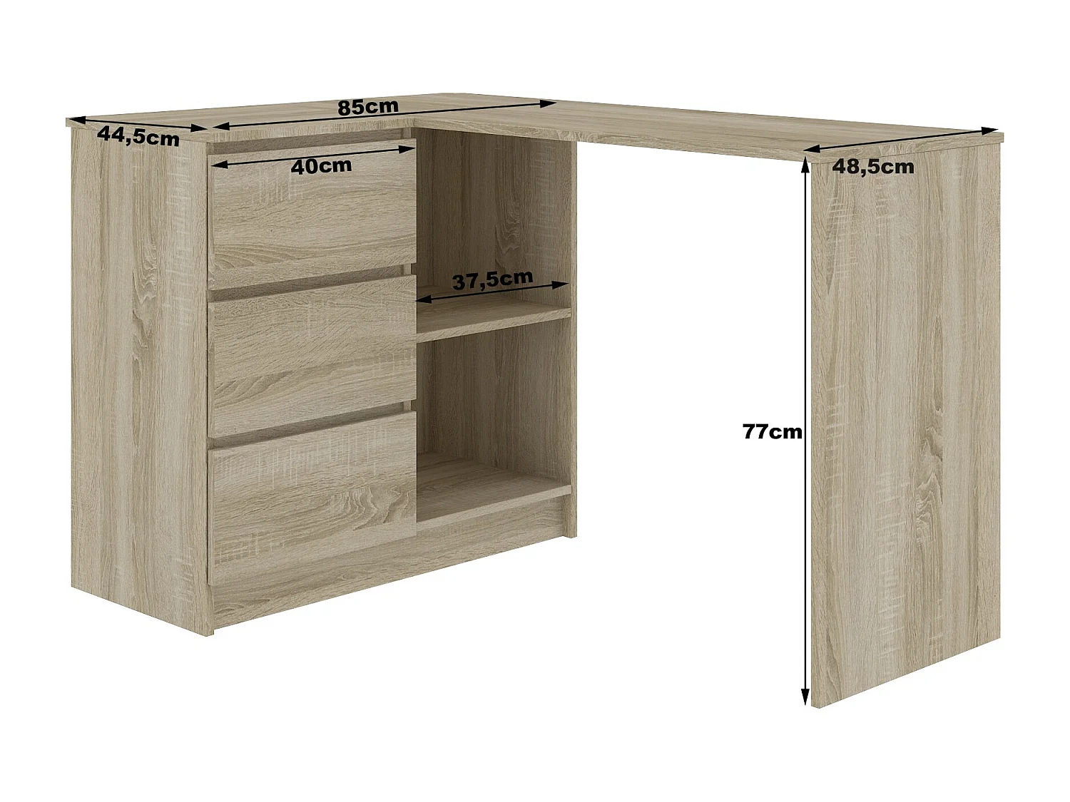 Hoekbureau B16 Links 124cm, 3 Laden, Eiken Sonoma/Wit, Matte Afwerking