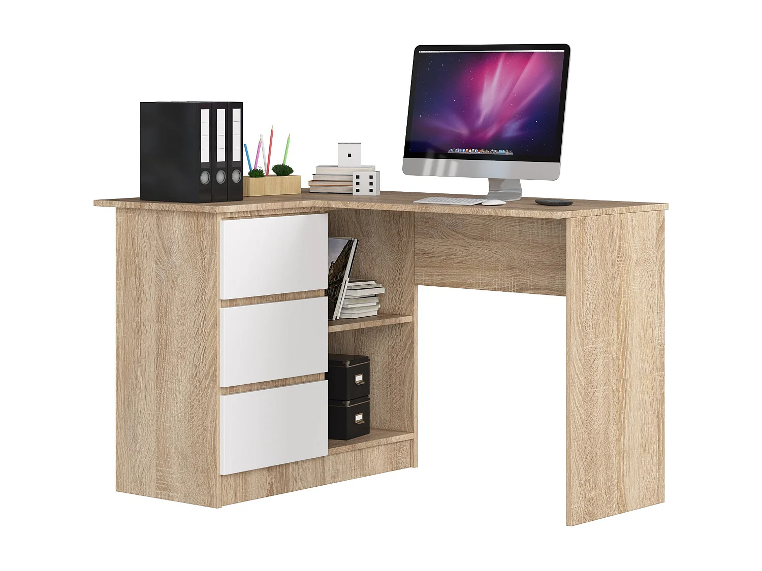 Bureau AKORD d'angle gauche B16 Chêne Sonoma 124 cm 3 tiroirs façade Blanche 2 étagères 124x85x77 cm