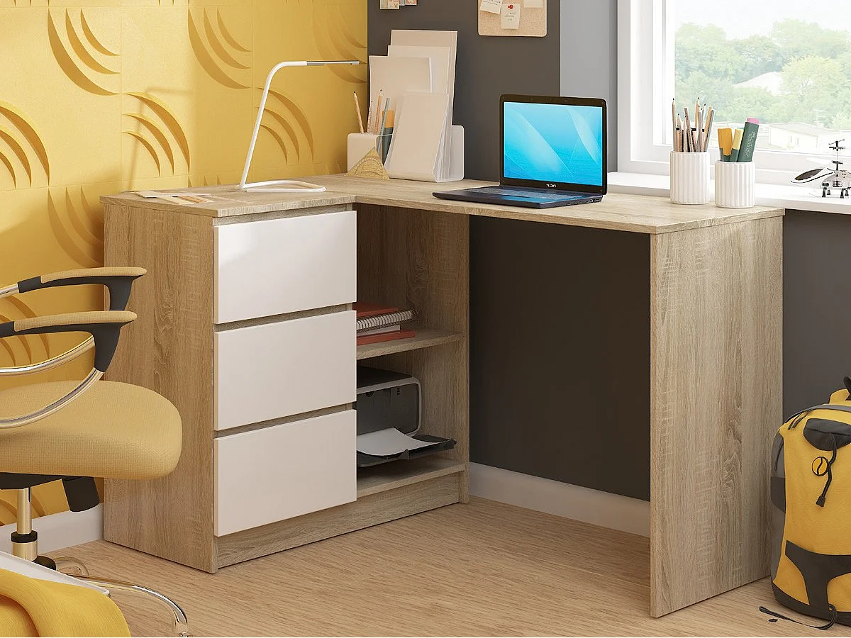 Bureau AKORD d'angle gauche B16 Chêne Sonoma 124 cm 3 tiroirs façade Blanche 2 étagères 124x85x77 cm
