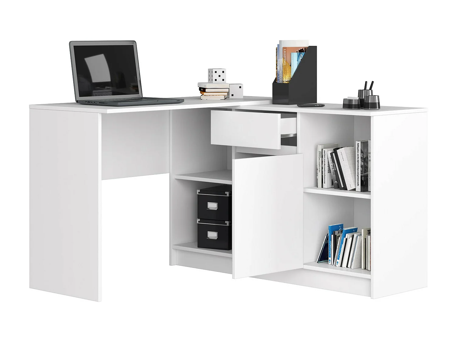 Eck-Schreibtisch AKORD B17 2-in-1 Kombination mit Kommode in der Farbe Weiß Schublade und 6 Ablagen B120 x H79 x T126 cm