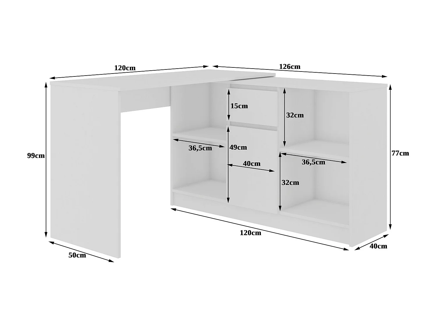 Eck-Schreibtisch AKORD B17 2-in-1 Kombination mit Kommode in der Farbe Weiß Schublade und 6 Ablagen B120 x H79 x T126 cm