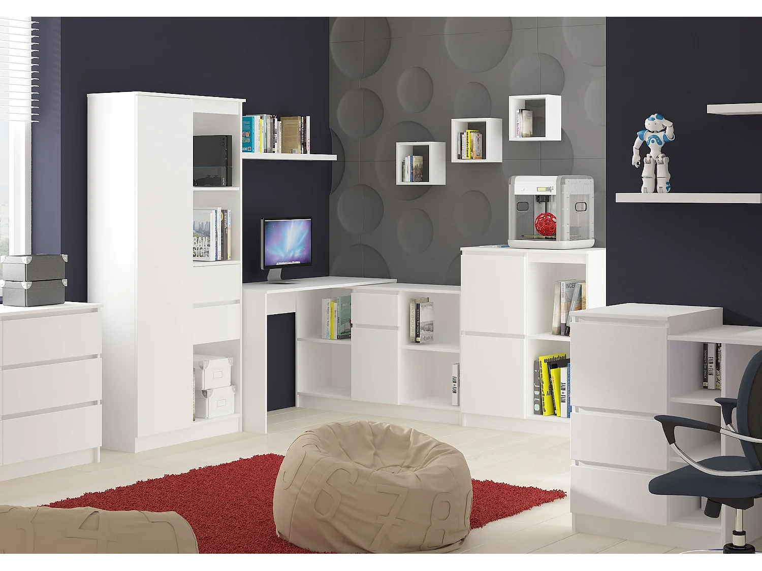 Eck-Schreibtisch AKORD B17 2-in-1 Kombination mit Kommode in der Farbe Weiß Schublade und 6 Ablagen B120 x H79 x T126 cm