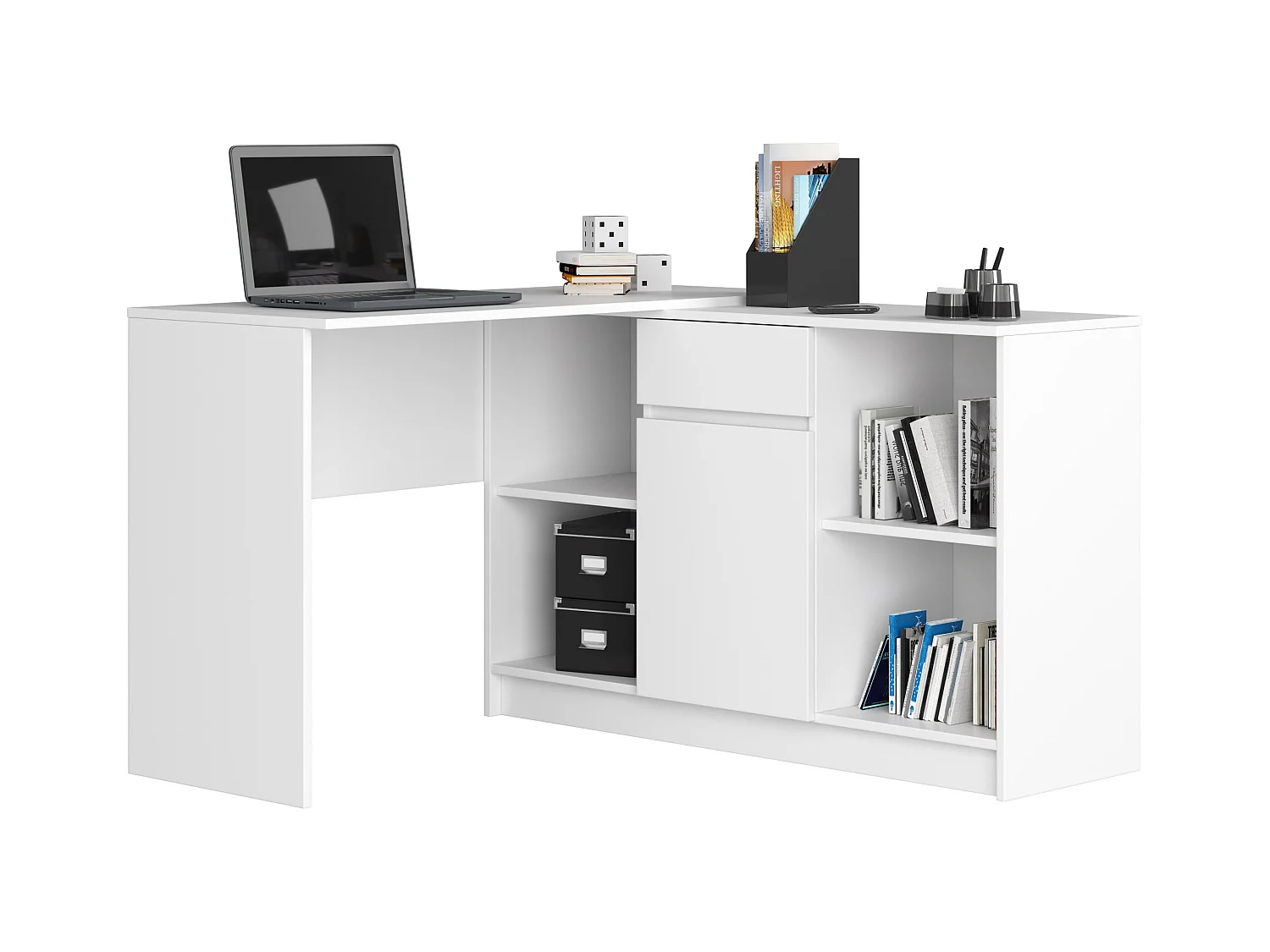 Ensemble d'angle AKORD bureau B17 avec commode Blanc 120 cm 1 porte 1 tiroir façade Blanche 6 étagères 120x126x79 cm