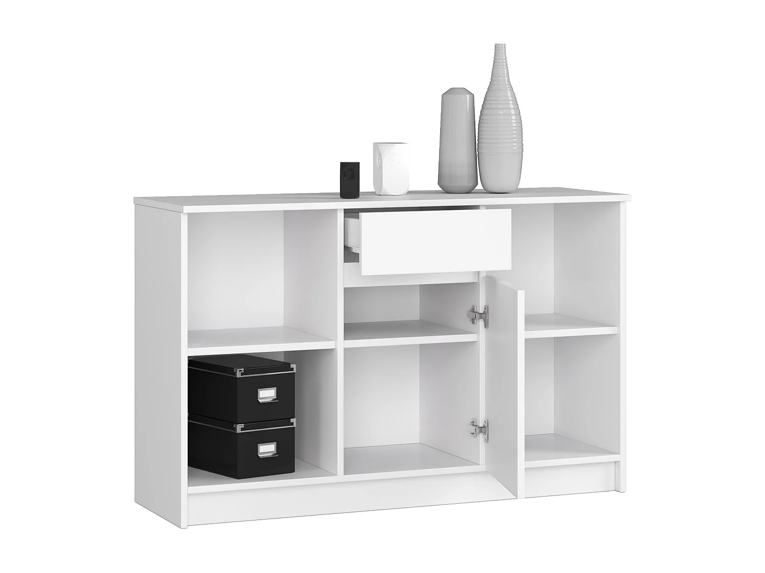 Eck-Schreibtisch AKORD B17 2-in-1 Kombination mit Kommode in der Farbe Weiß Schublade und 6 Ablagen B120 x H79 x T126 cm