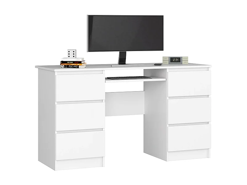 Bureau B-11 Wit 135 cm met 6 Lades - Laminaten Blad & ABS Rand, Inclusief Uitschuifbaar Toetsenbord Plank, Zelfmontage Voorgeschreven