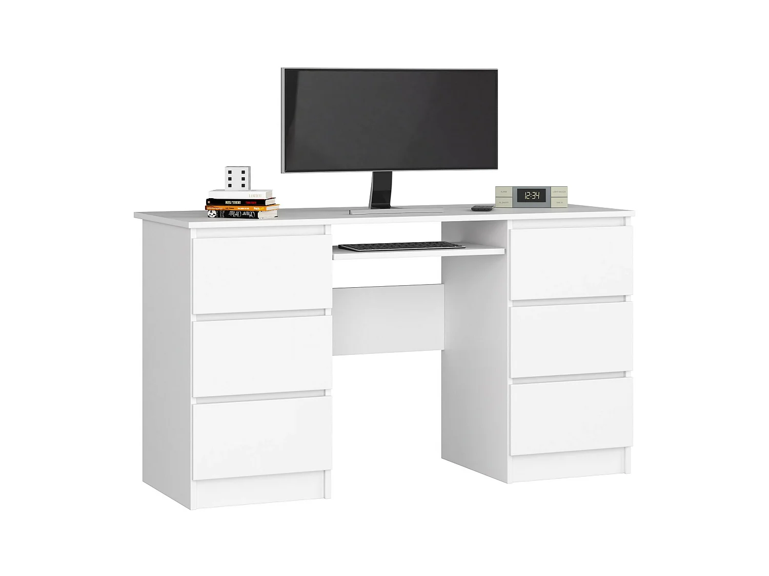 Bureau d'ordinateur AKORD A11 Blanc 135 cm 6 tiroirs façade Blanche 135x50x77 cm