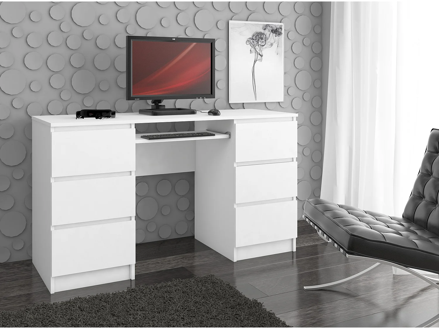 Bureau d'ordinateur AKORD A11 Blanc 135 cm 6 tiroirs façade Blanche 135x50x77 cm