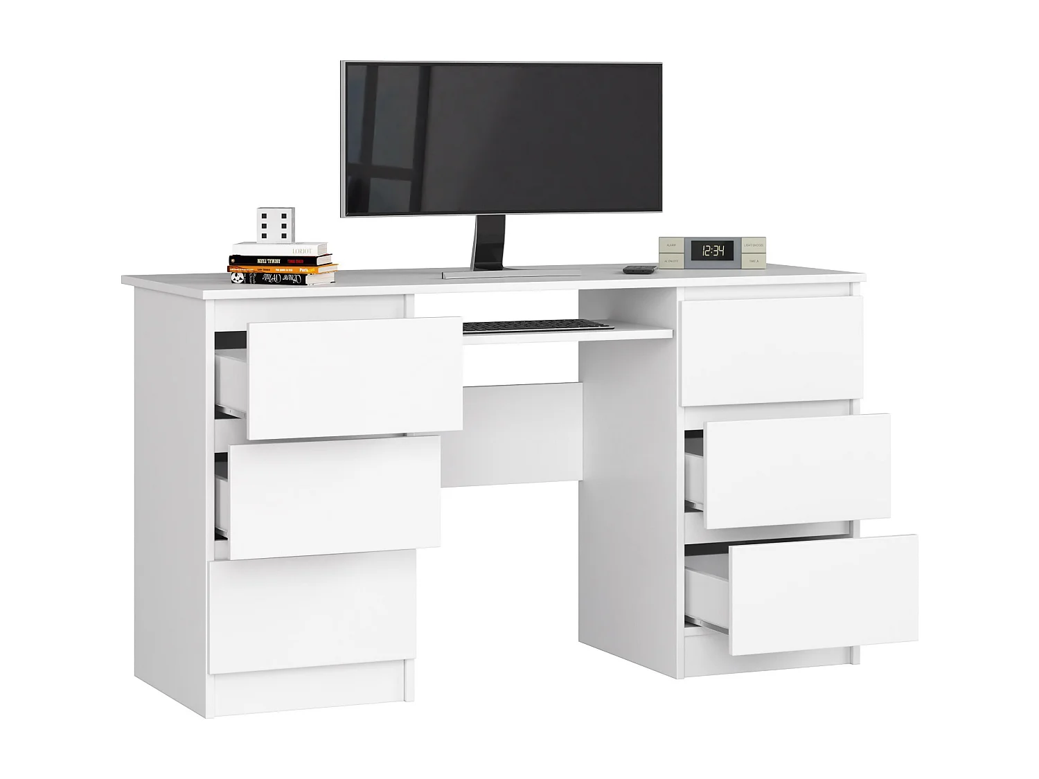 Bureau d'ordinateur AKORD A11 Blanc 135 cm 6 tiroirs façade Blanche 135x50x77 cm