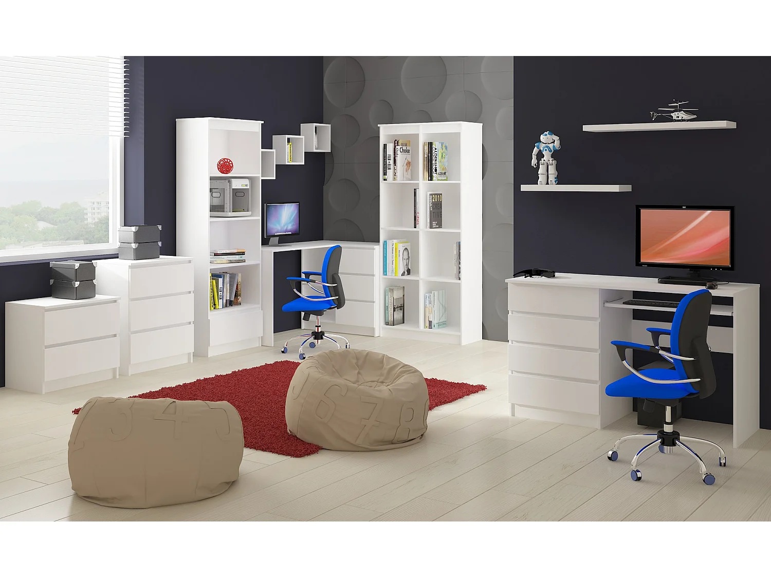 Bureau d'ordinateur AKORD A11 Blanc 135 cm 6 tiroirs façade Blanche 135x50x77 cm