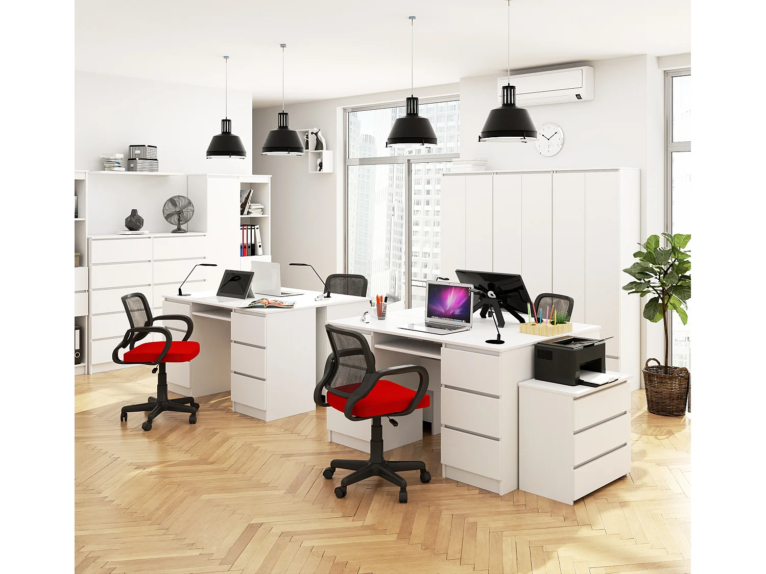 Bureau d'ordinateur AKORD A11 Blanc 135 cm 6 tiroirs façade Blanche 135x50x77 cm