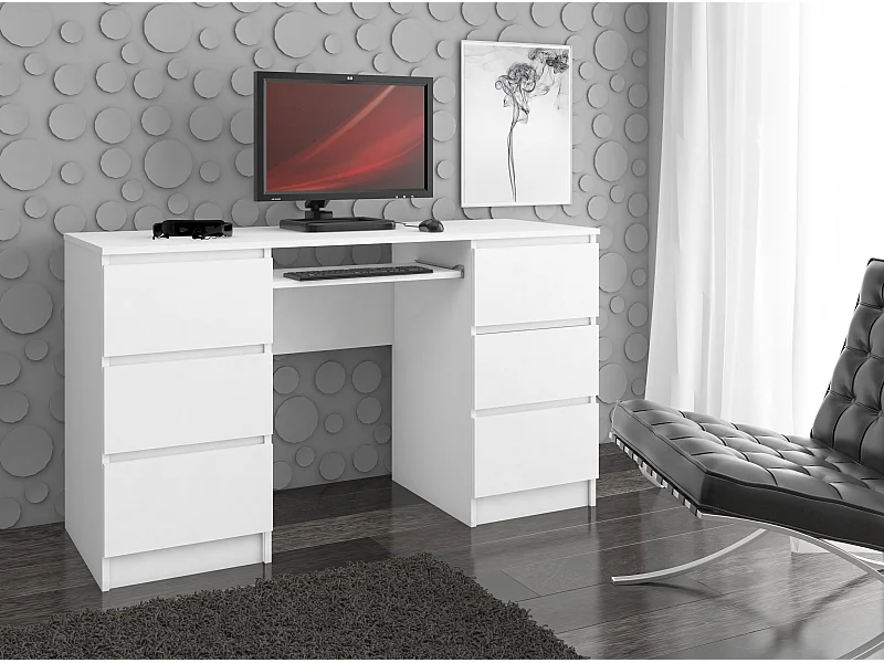 Bureau d'ordinateur AKORD A11 Blanc 135 cm 6 tiroirs façade Blanche 135x50x77 cm