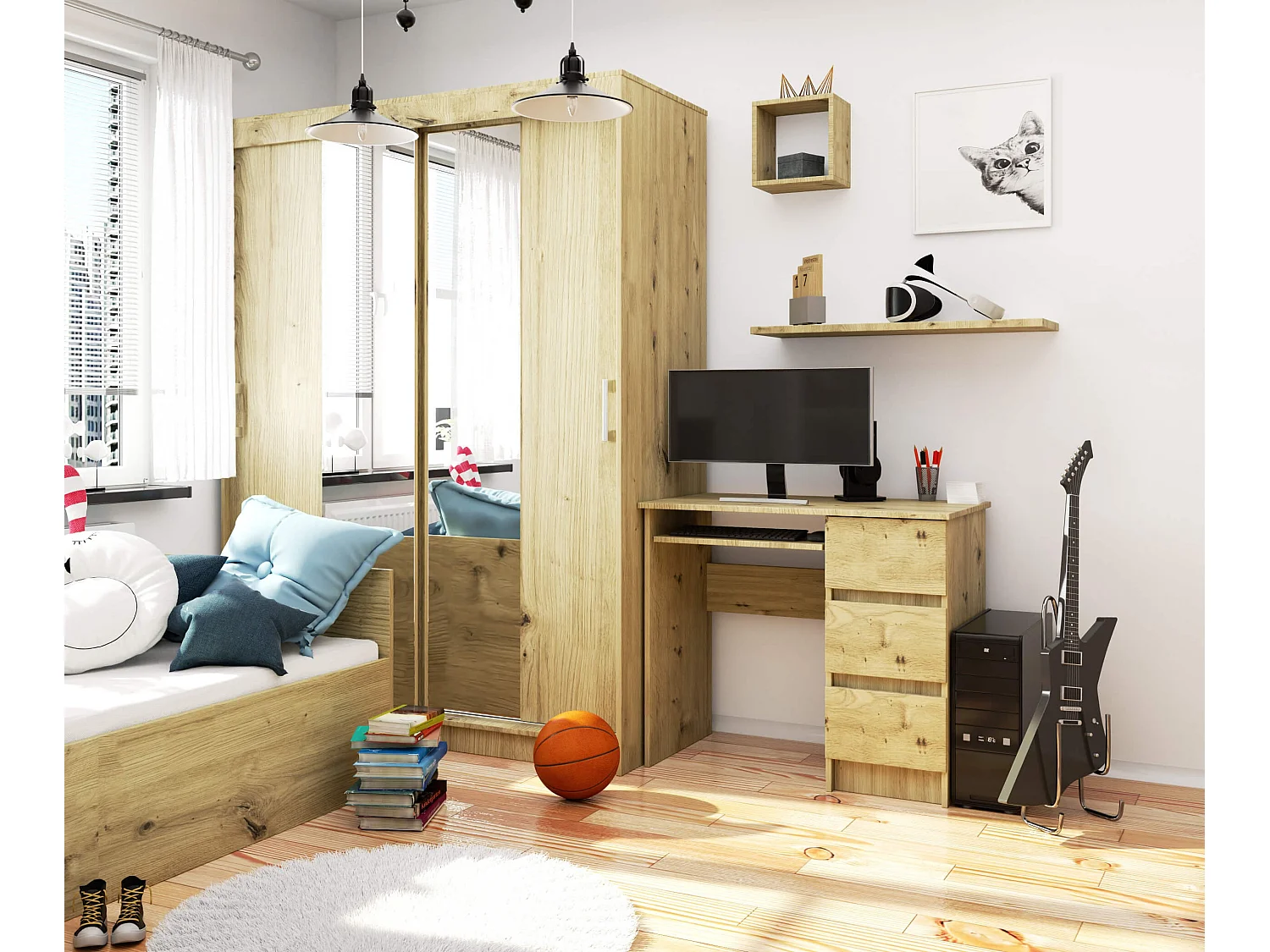 PC-Schreibtisch AKORD A6 rechts in der Farbe Eiche Artisan mit 3 Schubladen und 1 Ablagen B90 x H77 x T50 cm