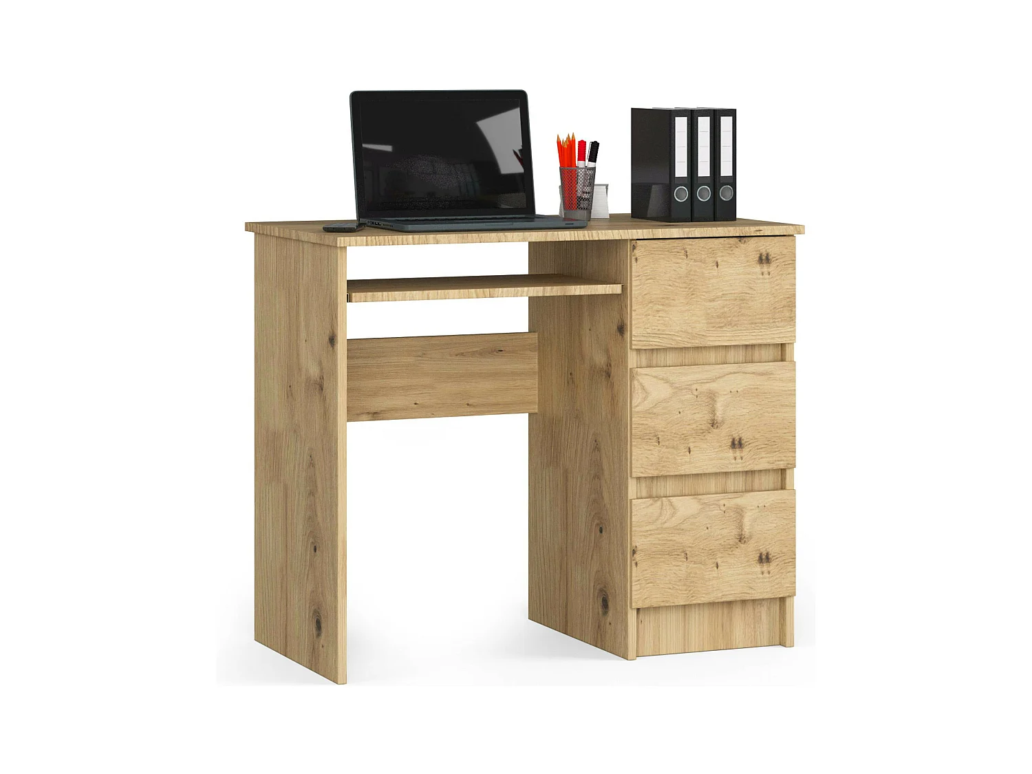 Bureau d'ordinateur AKORD droit A6 Chêne Artisan 90 cm 3 tiroirs façade Chêne Artisan 1 étagère 90x50x77 cm