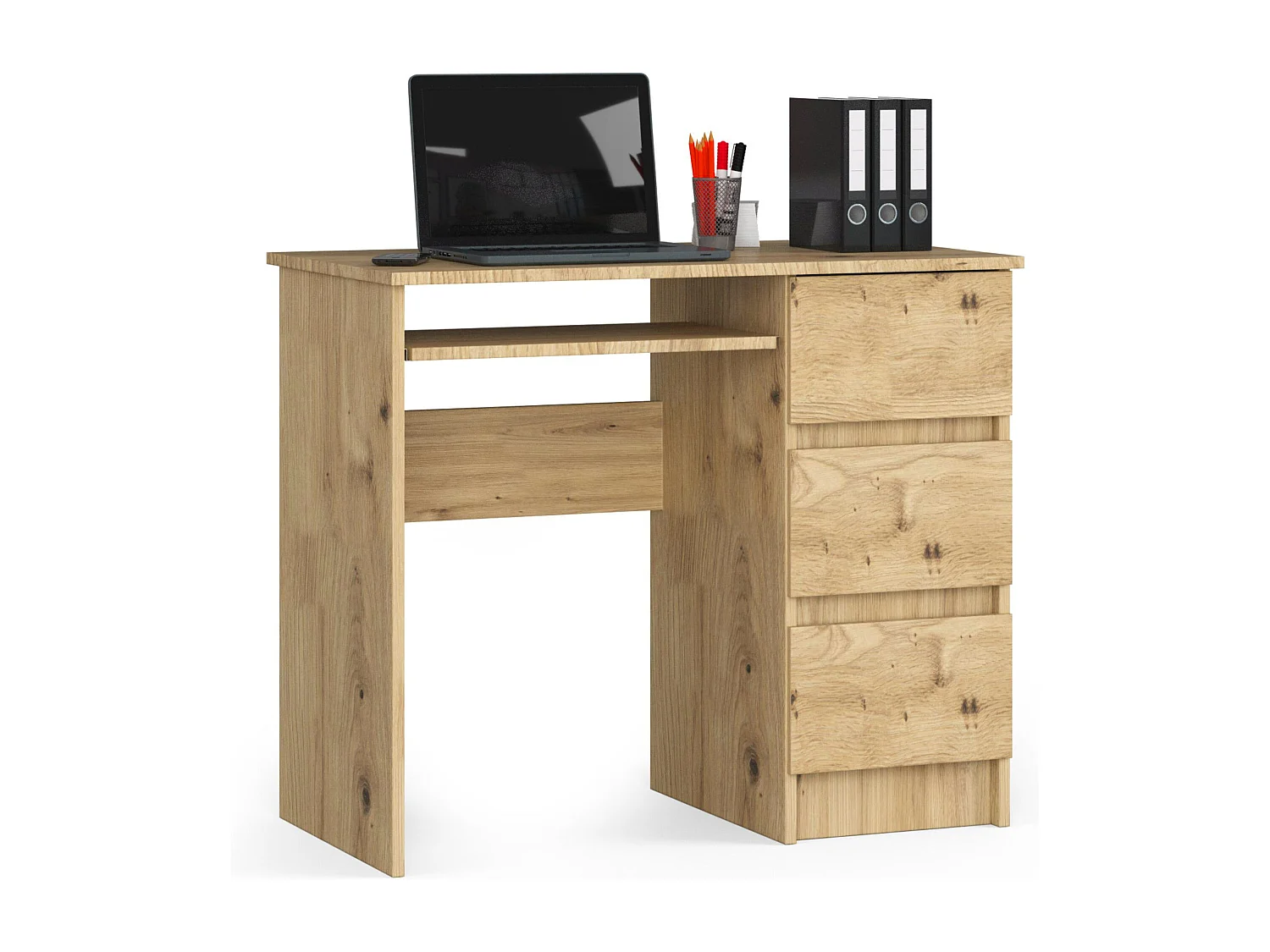 Bureau d'ordinateur AKORD droit A6 Chêne Artisan 90 cm 3 tiroirs façade Chêne Artisan 1 étagère 90x50x77 cm